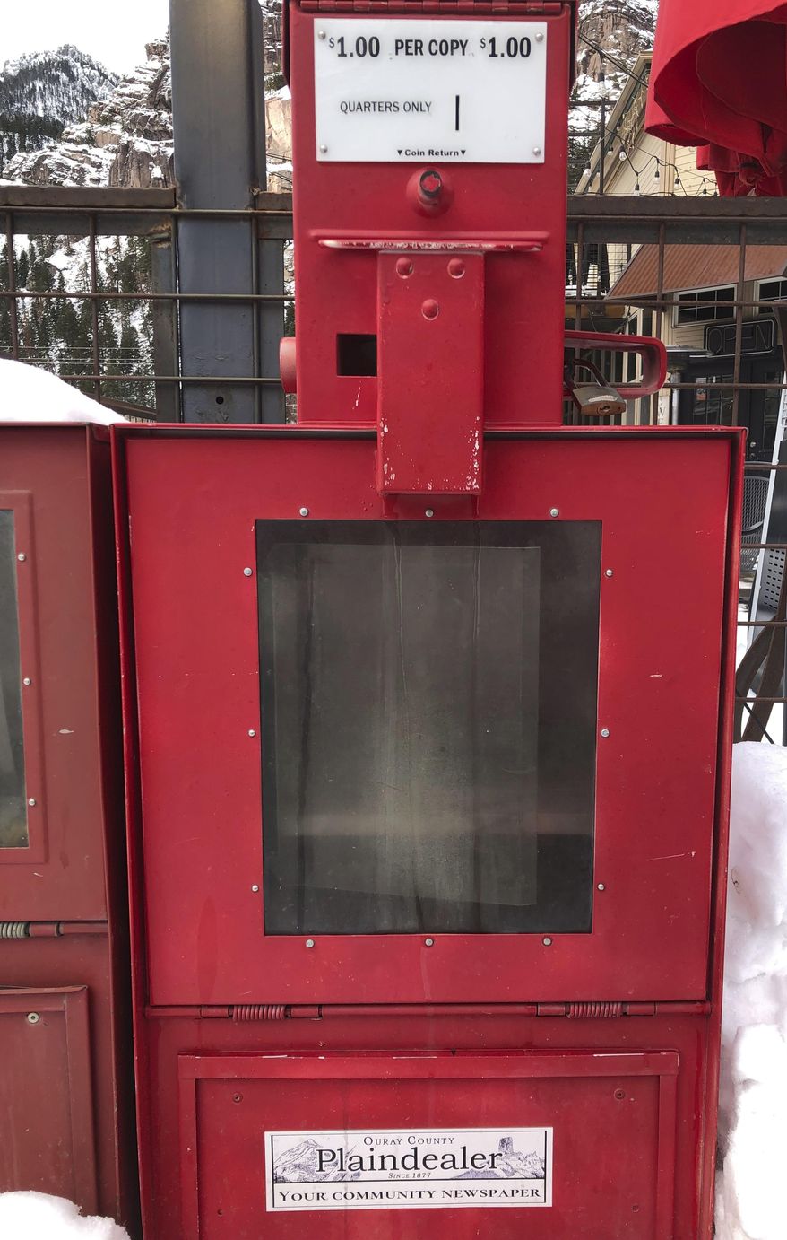 An empty newspaper rack for the Ouray County Plaindealer on Thursday, Jan. 18, 2023 in Ouray, Colo. (Mike Wiggins/Ouray County Plaindealer)