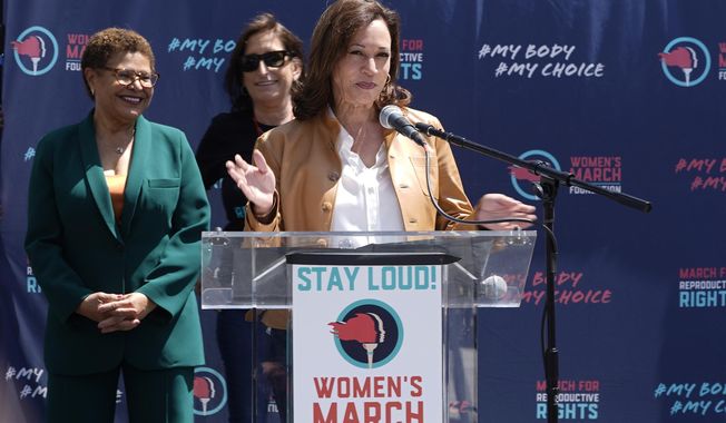 Vice President Kamala Harris speaks at the Women&#x27;s March, April 15, 2023, in Los Angeles. Harris is embracing her role as the Democrats&#x27; leading champion for abortion rights in the 2024 election. She&#x27;s headed to Wisconsin on Monday, Jan. 22, 2024, for the first in a series of nationwide events focused on the issue. (AP Photo/Damian Dovarganes, File)