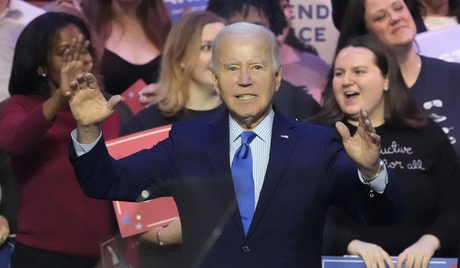 President Joe Biden gestures after speaking at an event on the campus of George Mason University in Manassas, Va., Tuesday, Jan. 23, 2024, to campaign for abortion rights, a top issue for Democrats in the upcoming presidential election. (AP Photo/Alex Brandon) **FILE**