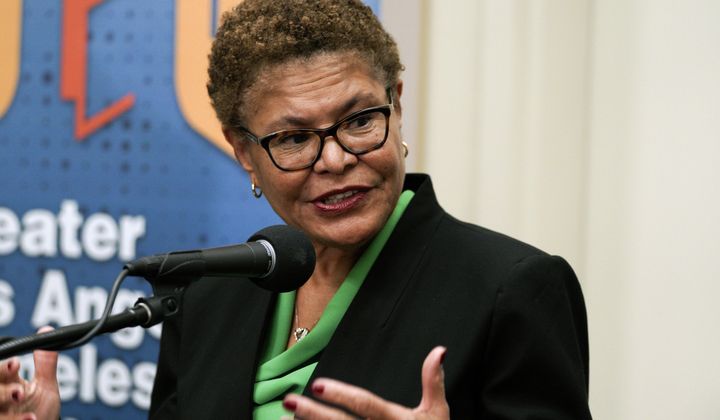 Los Angeles Mayor Karen Bass waits to speak during a press conference at the start of the annual homeless count in the North Hollywood section of Los Angeles on Tuesday, Jan. 23, 2024. (AP Photo/Richard Vogel)