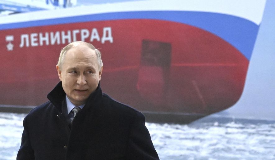 Russian President Vladimir Putin attends a keel laying ceremony for the 5th nuclear-powered icebreaker Leningrad (Project 22220) at the Baltiysky Shipyard in St. Petersburg, Russia, Friday, Jan. 26, 2024. (Pavel Bednyakov, Sputnik, Kremlin Pool Photo via AP)