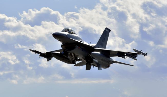 This image provided by the U.S. Air Force, a F-16 Fighting Falcon from the 510th Fighter Squadron takes off during Red Flag 24-1 at Nellis Air Force Base, Nevada, on Jan 25, 2024. (Staff Sgt. Heather Ley/U.S. Air Force via AP) ** FILE **