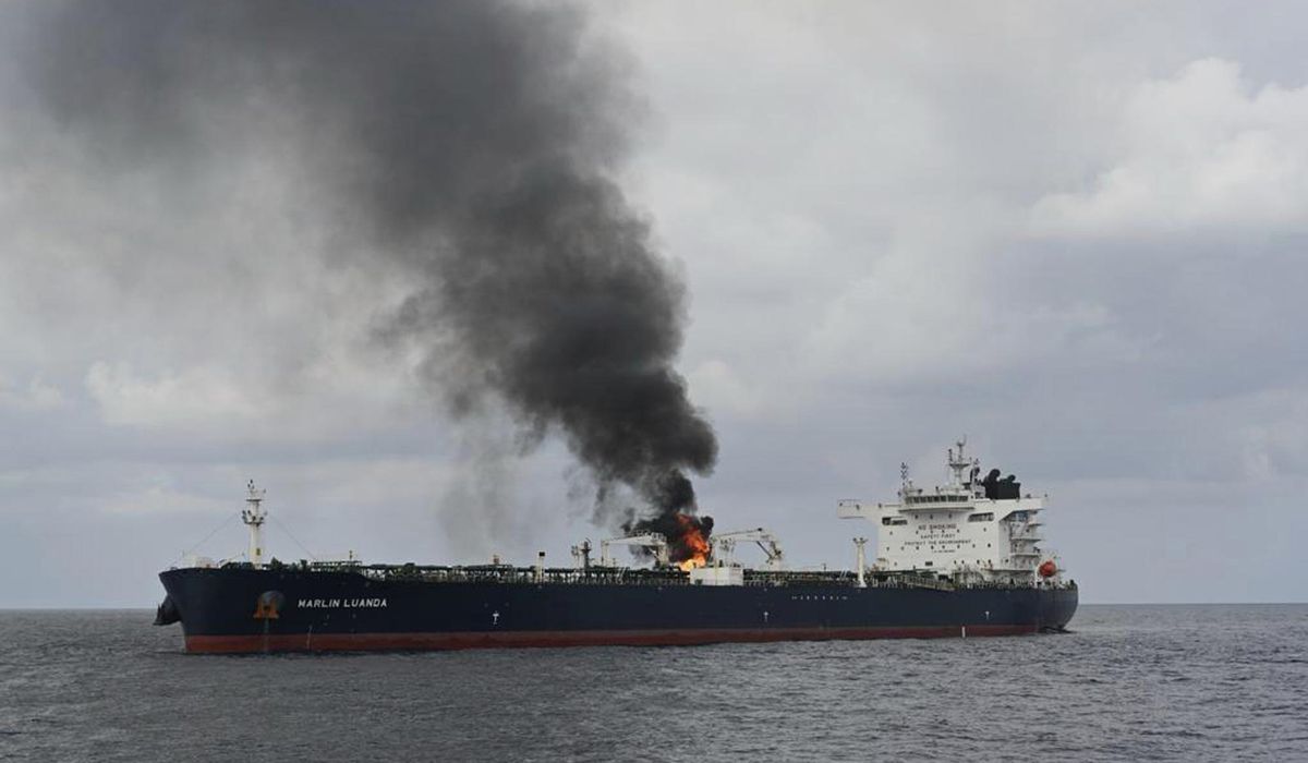 NextImg:Crew extinguish fire on tanker hit by Houthi missile after U.S. targets rebels in airstrike