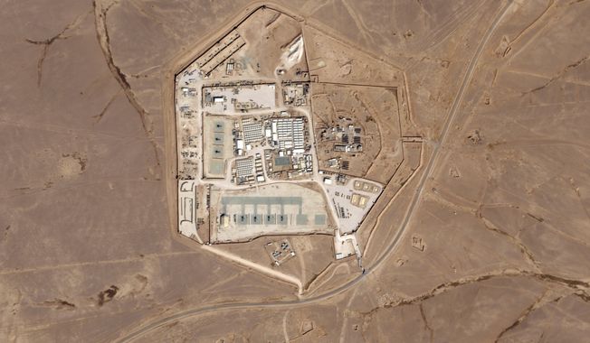 This satellite photo from Planet Labs PBC shows a military base known as Tower 22 in northeastern Jordan, on Oct. 12, 2023. Three American troops were killed and &quot;many&quot; were wounded Sunday, Jan. 28, 2024, in a drone strike in northeast Jordan near the Syrian border, President Joe Biden said. He blamed Iran-backed militia groups for the first U.S. fatalities after months of strikes against American forces across the Middle East amid the Israel-Hamas war. U.S. officials identified Tower 22 as the site of the attack. (Planet Labs PBC via AP)