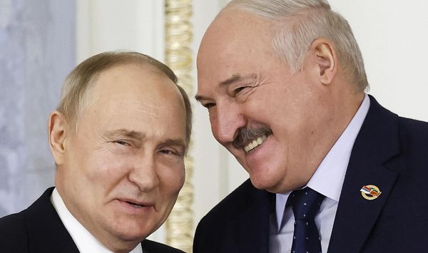 Russian President Vladimir Putin, left, and Belarus President Alexander Lukashenko shake hands during a meeting of the Union State Supreme Council in St. Petersburg, Russia, Monday, Jan. 29, 2024. (Dmitry Astakhov, Sputnik, Government Pool Photo via AP) ** FILE **