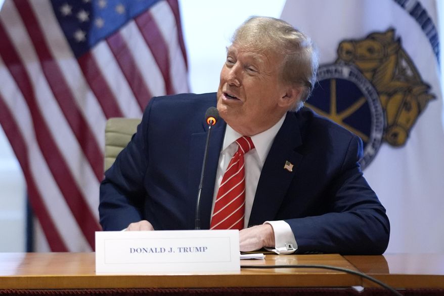 Republican presidential candidate former President Donald Trump speaks as he meets with members of the International Brotherhood of Teamsters at their headquarters in Washington, Wednesday, Jan. 31, 2024. (AP Photo/Andrew Harnik) **FILE**