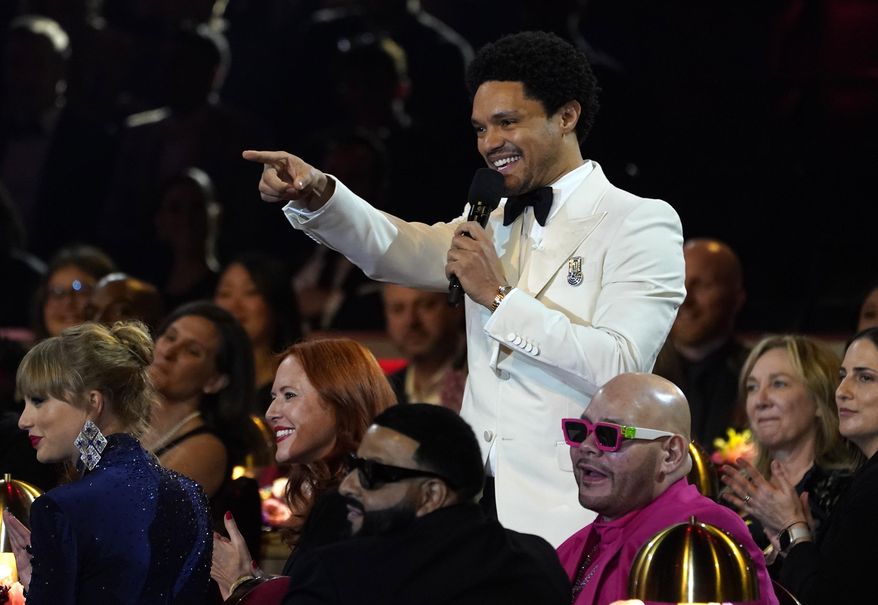 Host Trevor Noah speaks at the 65th annual Grammy Awards on Sunday, Feb. 5, 2023, in Los Angeles. Noah will host the 2024 Grammy Awards on Sunday. (AP Photo/Chris Pizzello, File)
