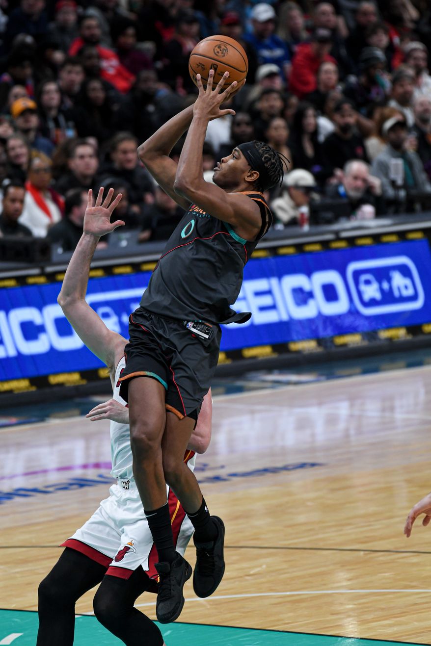 Washington Wizards forward Bilal Coulibaly (0) taking a shot during the first quarter of an NBA game against the Miami Heat at Capital One Arena in Washington D.C., February 2, 2024. (Photo by Billy Sabatini)