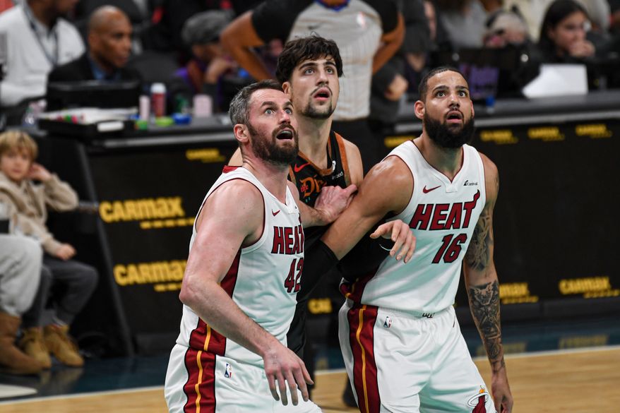 Miami Heat forward Kevin Love (42) waiting for a rebound during the first quarter of an NBA game against the Washington Wizards at Capital One Arena in Washington D.C., February 2, 2024. (Photo by Billy Sabatini)