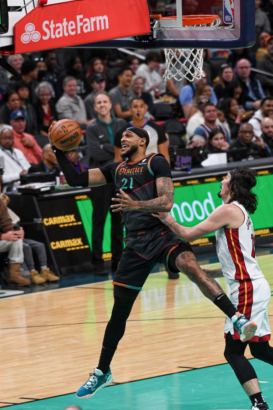 Washington Wizards center Daniel Gafford (21) grabbing a rebound during the second quarter of an NBA game against the Miami Heat at Capital One Arena in Washington D.C., February 2, 2024. (Photo by Billy Sabatini)