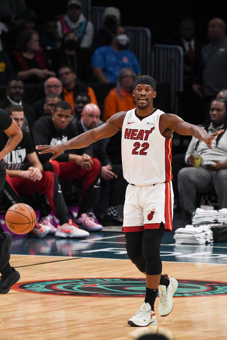 Miami Heat forward Jimmy Butler (22) bringing the ball up court during the third quarter of an NBA game against the Washington Wizards at Capital One Arena in Washington D.C., February 2, 2024. (Photo by Billy Sabatini)