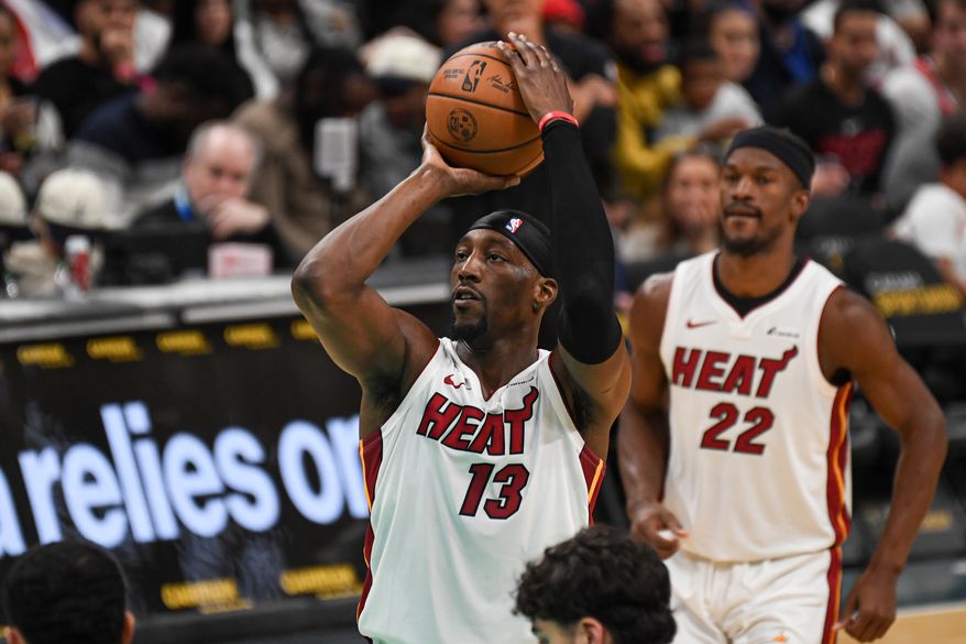 Miami Heat center Bam Adebayo (13) shooting a free throw during the fourth quarter of an NBA game against the Washington Wizards at Capital One Arena in Washington D.C., February 2, 2024. (Photo by Billy Sabatini)