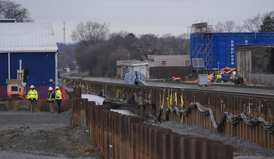 Work continues to clean and replace fill dirt at the site of the Norfolk Southern train derailment in East Palestine, Ohio, on Monday, Jan. 29, 2024. Daily life largely returned to normal for residents of East Palestine, Ohio, months after a Norfolk Southern train derailed and spilled a cocktail of hazardous chemicals that caught fire a year ago, but the worries and fears are always there. (AP Photo/Carolyn Kaster)