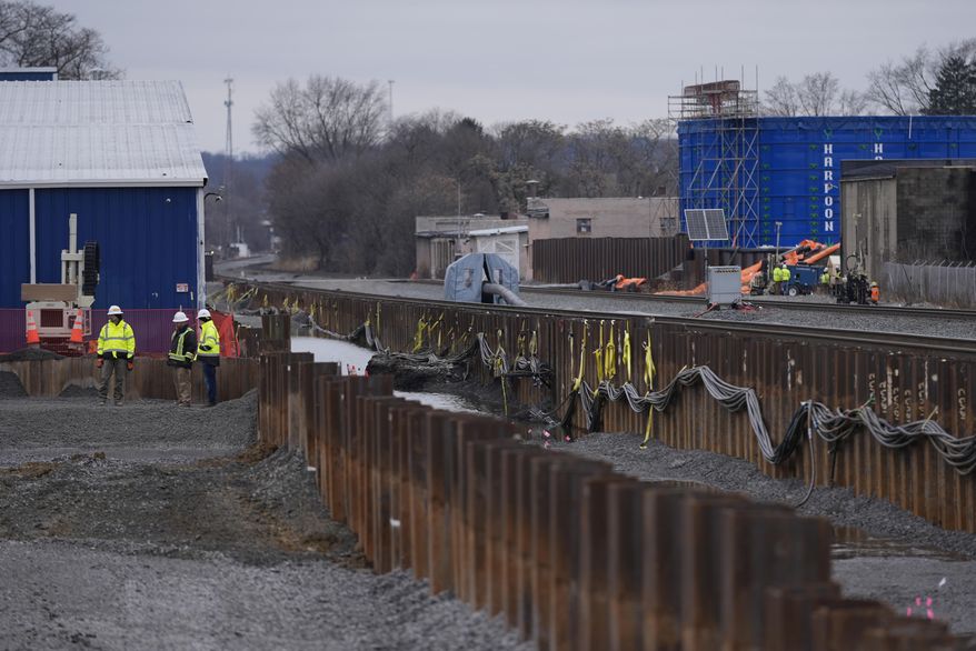 Work continues to clean and replace fill dirt at the site of the Norfolk Southern train derailment in East Palestine, Ohio, on Monday, Jan. 29, 2024. Daily life largely returned to normal for residents of East Palestine, Ohio, months after a Norfolk Southern train derailed and spilled a cocktail of hazardous chemicals that caught fire a year ago, but the worries and fears are always there. (AP Photo/Carolyn Kaster)