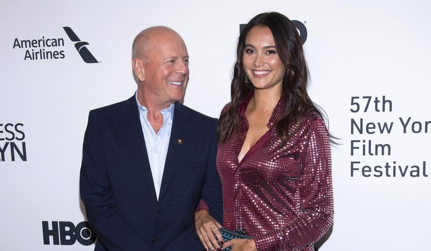 Actor Bruce Willis, left, and Emma Heming Willis attend the "Motherless Brooklyn" premiere during the 57th New York Film Festival on Oct. 11, 2019. Heming Willis is working on a guide to care giving that draws upon her experiences tending to her husband who has been diagnosed with frontotemporal dementia. The book, currently untitled, is scheduled for 2025. (Photo by Charles Sykes/Invision/AP, File)