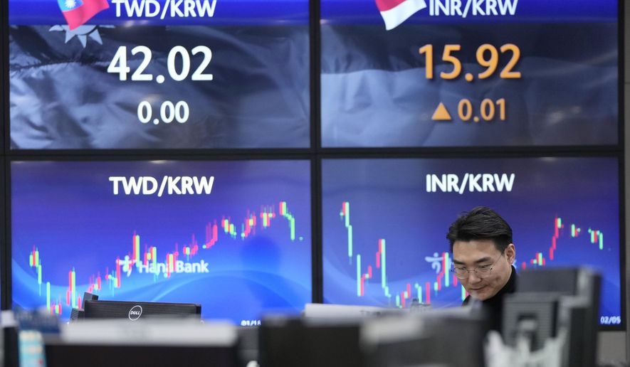 A currency trader watches monitors at the foreign exchange dealing room of the KEB Hana Bank headquarters in Seoul, South Korea, Monday, Feb. 5, 2024. Asian stocks were mostly lower on Monday, with Chinese shares again leading the declines even after the market regulator in Beijing pledged to crack down on abuses and protect small investors. (AP Photo/Ahn Young-joon)