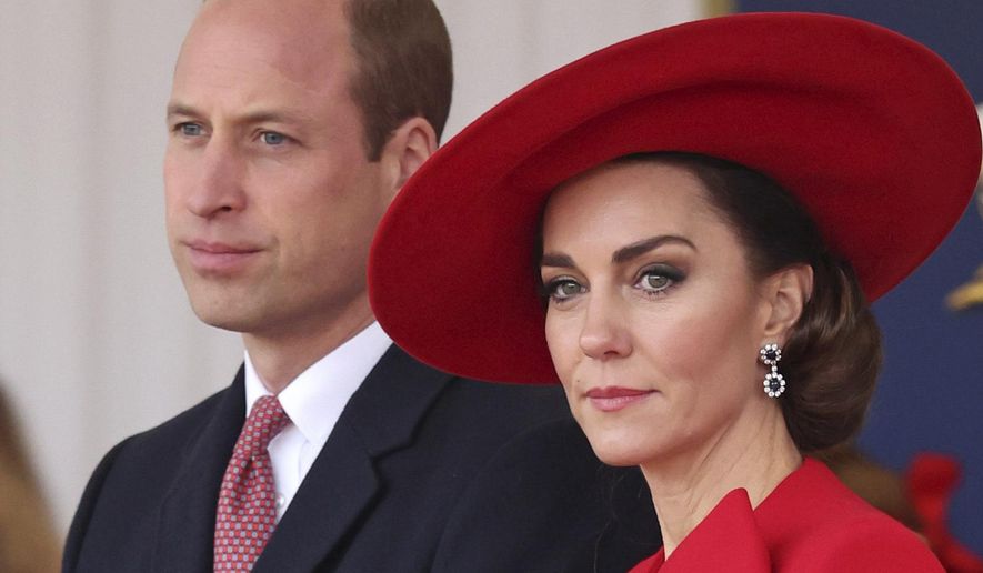 Britain's Prince William, left, and Britain's Kate, Princess of Wales, attend a ceremonial welcome for the President and the First Lady of the Republic of Korea at Horse Guards Parade in London, England on Nov. 21, 2023.(Chris Jackson/Pool Photo via AP, File)