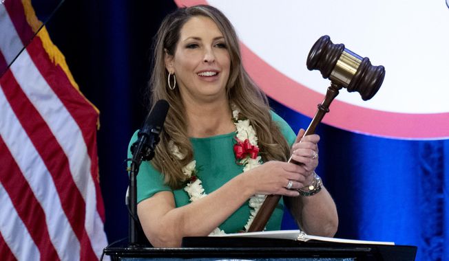 Republican National Committee Chair Ronna McDaniel holds a gavel while speaking at the committee&#x27;s winter meeting in Dana Point, Calif., Jan. 27, 2023. (AP Photo/Jae C. Hong, File)