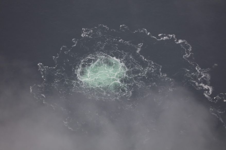 In this picture provided by Swedish Coast Guard, a leak from Nord Stream 2 is seen, on Sept. 28, 2022. Swedish officials say they have decided to close their investigation into the September 2022 explosions on the Nord Stream gas pipelines, which were built to carry Russian natural gas to Germany, because they don’t have jurisdiction. (Swedish Coast Guard via AP, File)