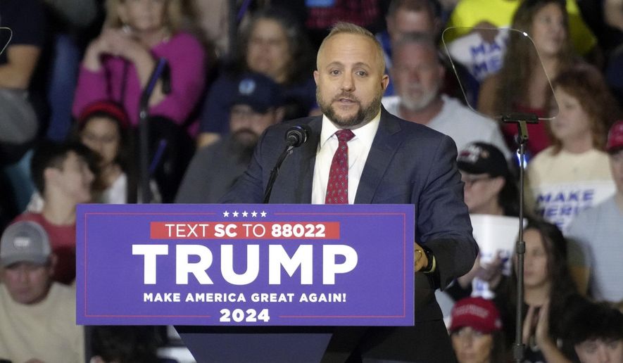 U.S. Rep. Russell Fry, R-S.C., speaks ahead of a rally with former President Donald Trump in the closing weeks ahead of South Carolina's Feb. 24 Republican presidential primary on Saturday, Feb. 10, 2024, in Conway, S.C. (AP Photo/Meg Kinnard) ** FILE **