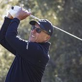 Captain Phil Mickelson, of HyFlyers GC, hits from the 12th tee during the final round of LIV Golf Las Vegas at Las Vegas Country Club, Saturday, Feb. 10, 2024, in Las Vegas. (Doug DeFelice/LIV Golf via AP)