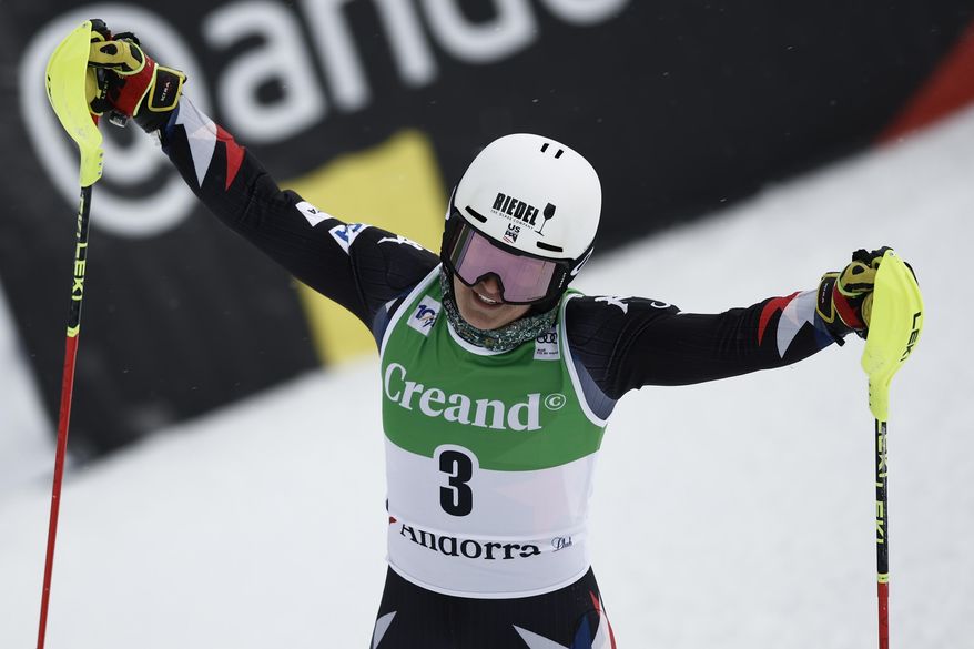 United States' Paula Moltzan reacts after completing an alpine ski, women's World Cup slalom race, in Soldeu, Andorra, Sunday, Feb. 11, 2024. (AP Photo/Gabriele Facciotti)