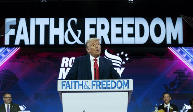 FILE - Former President Donald Trump speaks during the Faith &amp; Freedom Coalition Policy Conference in Washington, Saturday, June 24, 2023. Large numbers of Americans believe the founders intended the U.S. to be a Christian nation, and such views are especially strong among Republicans and are being voiced by Trump’s supporters. (AP Photo/Jose Luis Magana, File)