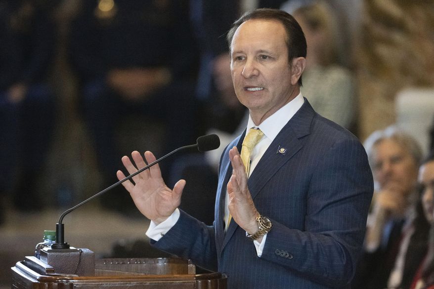 Louisiana Gov. Jeff Landry addresses members of the House and Senate on opening day of a legislative special session focusing on crime, Monday, Feb. 19, 2024, in the House Chamber at the State Capitol in Baton Rouge, La. (Hilary Scheinuk/The Advocate via AP) ** FILE **