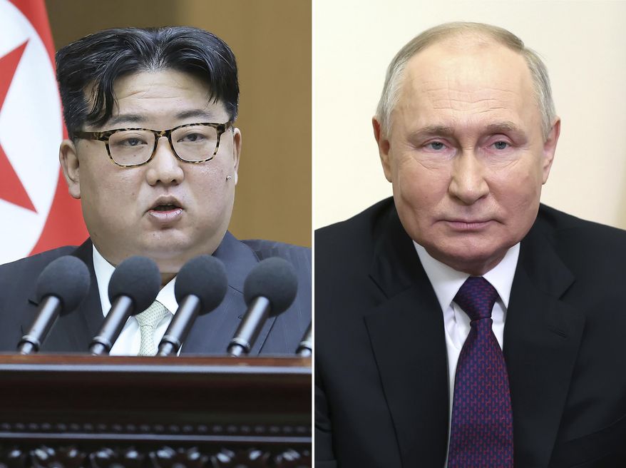 This combination of photos shows North Korean leader Kim Jong-un, left, speaks at the Supreme People's Assembly in Pyongyang, North Korea, on Jan. 15, 2024, and Russian President Vladimir Putin delivers a video address to mark the 31st anniversary of the founding of the National Energy Giant Gazprom at the Novo-Ogaryovo state residence, outside Moscow, Russia, on Feb. 17, 2024. Putin has gifted Kim a Russian-made car for his personal use in a demonstration of their special relations, North Korea’s state media reported Tuesday, Feb. 20, 2024. (AP Photo, File)