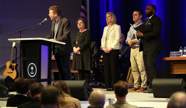 Southern Baptist Pastor Josh Wester, standing with members of the denomination’s Abuse Reform Implementation Task Force, tell leaders the church must launch the Abuse Response Commission to oversee further work in addressing sexual abuse reform. (Photo by Brandon Porter/Baptist Press, used with permission)