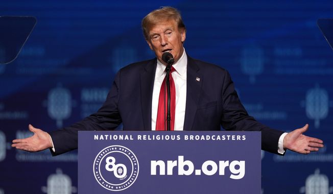 Republican presidential candidate former President Donald Trump speaks at the National Religious Broadcasters convention at the Gaylord Opryland Resort and Convention Center Thursday, Feb. 22, 2024, in Nashville, Tenn. (AP Photo/George Walker IV)