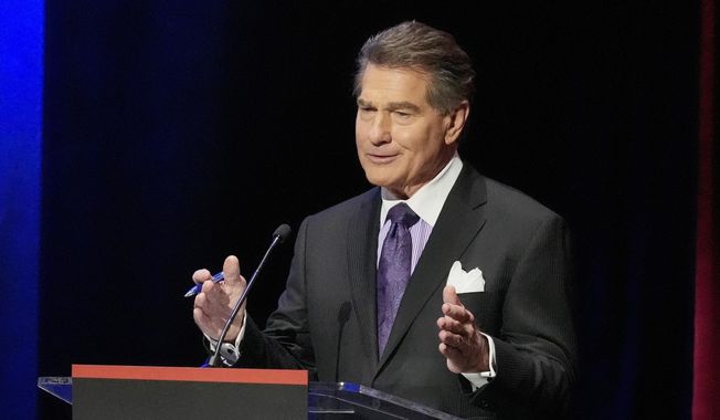 Former baseball player Steve Garvey speaks during a televised debate for candidates in the senate race on Jan. 22, 2024, in Los Angeles. California’s U.S. Senate race was expected to be a three-way Democratic prizefight. But the possibility of record-low turnout is elevating Garvey&#x27;s chances to advance to the general election in November. (AP Photo/Damian Dovarganes, File)