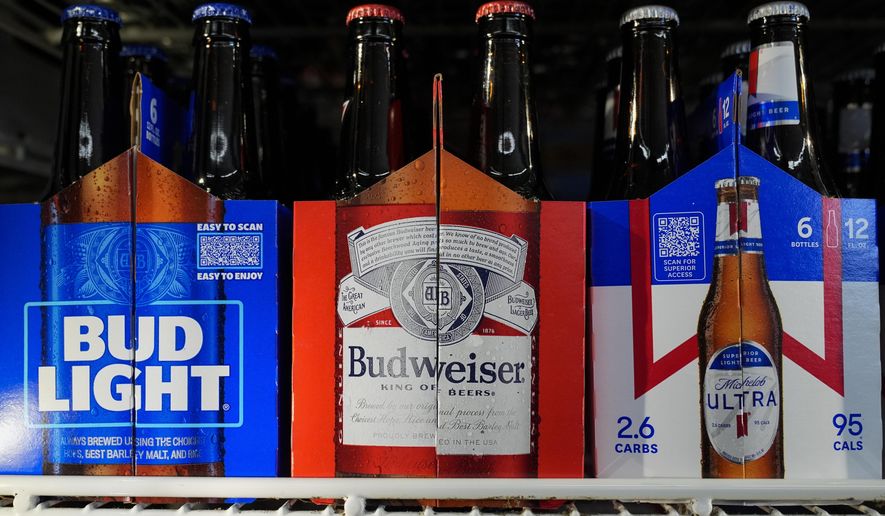 Six-packs of Bud Light, Budweiser and Michelob Ultra are displayed at a liquor store, Wednesday, Feb. 28, 2024, in Fairfield, Calif. (AP Photo/Godofredo A. Vásquez) ** FILE **
