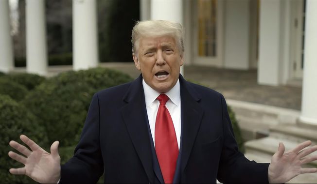 This exhibit from video released by the House Select Committee, shows President Donald Trump recording a video statement on the afternoon of Jan. 6, from the Rose Garden, displayed at a hearing by the House select committee investigating the Jan. 6 attack on the U.S. Capitol, July 21, 2022, on Capitol Hill in Washington. The Supreme Court agreed on Feb. 28, 2024, to decide whether former President Donald Trump can be prosecuted on charges he interfered with the 2020 election and has set a course for a quick resolution. (House Select Committee via AP)