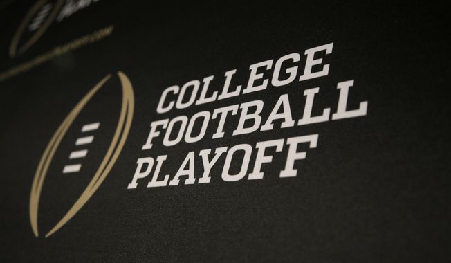 The College Football Playoff logo is printed across a backdrop during a news conference where the 13 members of the committee were announced, Wednesday, Oct. 16, 2013, in Irving, Texas. The 12-team College Football Playoff that was unveiled in 2021 looked like an exciting evolution of the postseason, with potential to boost the entire sport. (AP Photo/Tony Gutierrez, File) **FILE**