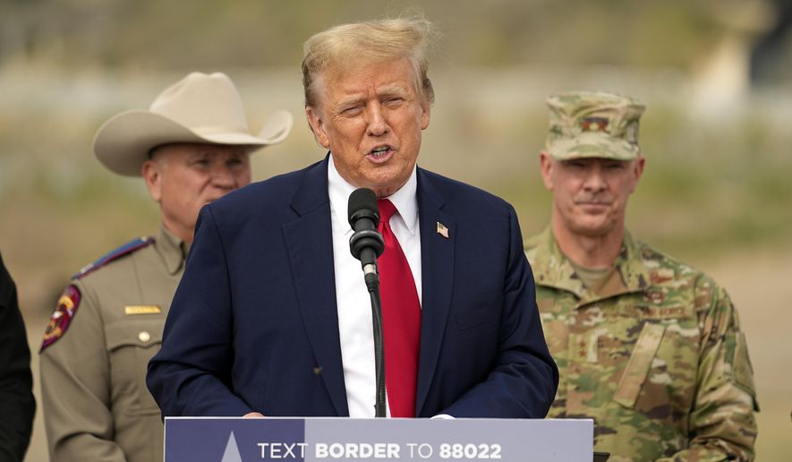Republican presidential candidate former President Donald Trump speaks at Shelby Park during a visit to the U.S.-Mexico border, Thursday, Feb. 29, 2024, in Eagle Pass, Texas. (AP Photo/Eric Gay)