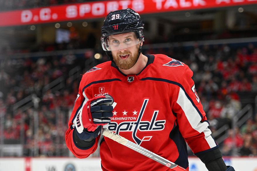 Washington Capitals right wing Anthony Mantha (39) during a break in the action during the third period of an NHL game against the Arizona Coyotes at Capital One Arena in Washington D.C., March 3, 2024. (Photo by Billy Sabatini)