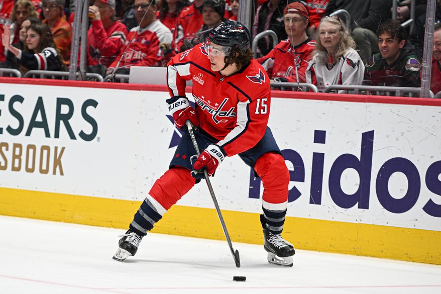 Washington Capitals left wing Sonny Milano (15) looking to make a pass during the third period of an NHL game against the Arizona Coyotes at Capital One Arena in Washington D.C., March 3, 2024. (Photo by Billy Sabatini)