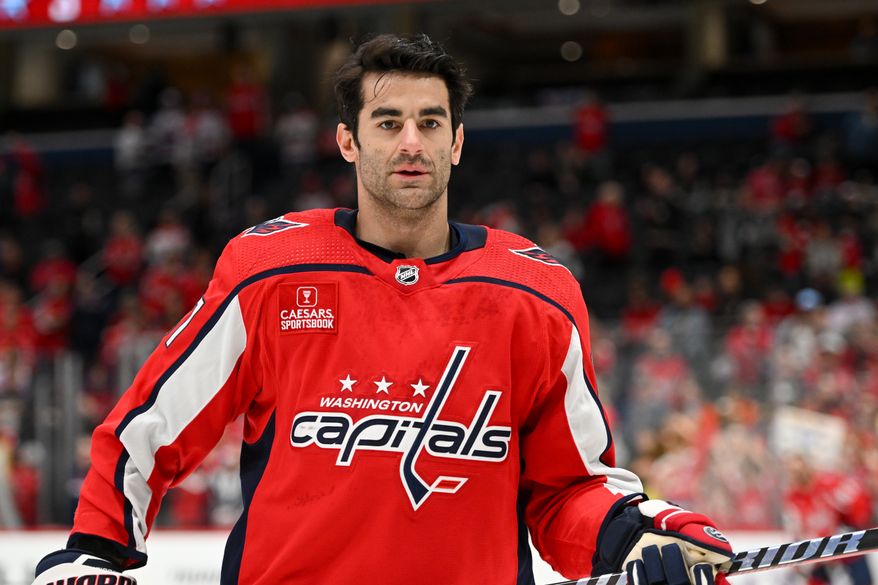 Washington Capitals forward Max Pacioretty (67) on the ice during pregame warmups before an NHL game against the Arizona Coyotes at Capital One Arena in Washington D.C., March 3, 2024. (Photo by Billy Sabatini)