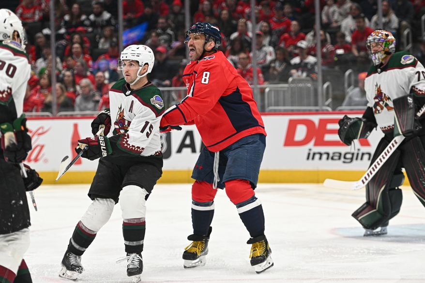 Washington Capitals left wing Alex Ovechkin (8) in front of the net during the first period of an NHL game against the Arizona Coyotes at Capital One Arena in Washington D.C., March 3, 2024. (Photo by Billy Sabatini)