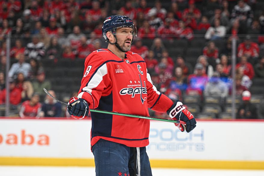 Washington Capitals left wing Alex Ovechkin (8) during a break in the action during the first period of an NHL game against the Arizona Coyotes at Capital One Arena in Washington D.C., March 3, 2024. (Photo by Billy Sabatini)