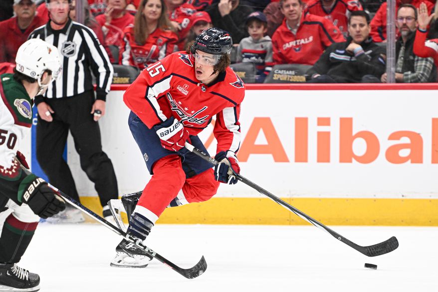 Washington Capitals left wing Sonny Milano (15) skating with the puck during the first period of an NHL game against the Arizona Coyotes at Capital One Arena in Washington D.C., March 3, 2024. (Photo by Billy Sabatini)