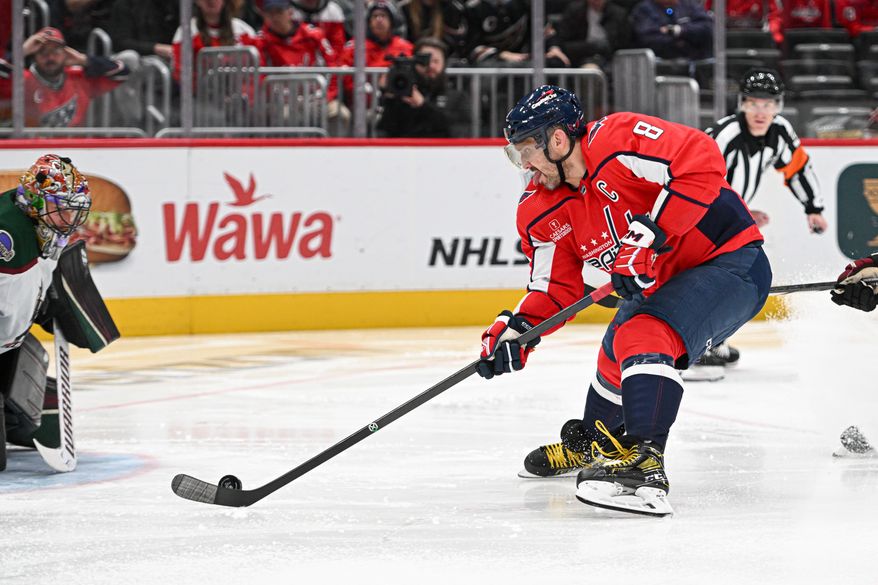 Washington Capitals left wing Alex Ovechkin (8) about to take a shot on goal during the second period of an NHL game against the Arizona Coyotes at Capital One Arena in Washington D.C., March 3, 2024. (Photo by Billy Sabatini)