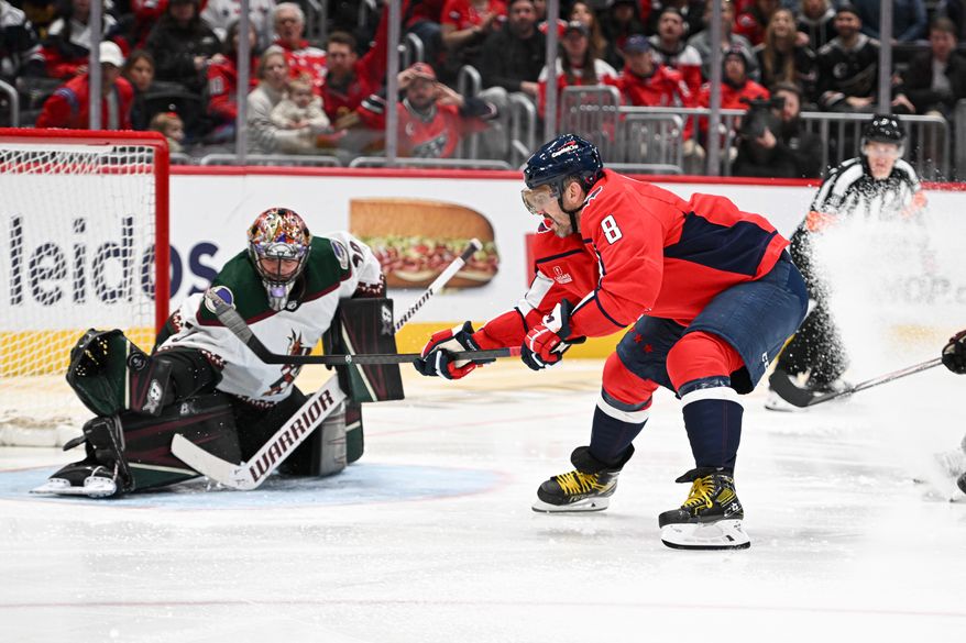 Washington Capitals left wing Alex Ovechkin (8) taking a shot on goal during the second period of an NHL game against the Arizona Coyotes at Capital One Arena in Washington D.C., March 3, 2024. (Photo by Billy Sabatini)