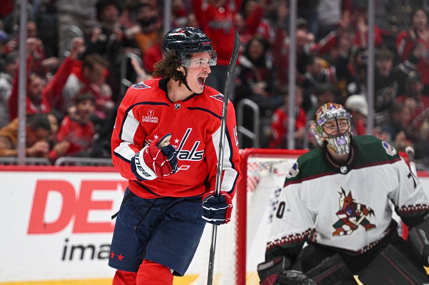 Washington Capitals left wing Sonny Milano (15) celebrating after scoring a goal during the second period of an NHL game against the Arizona Coyotes at Capital One Arena in Washington D.C., March 3, 2024. (Photo by Billy Sabatini)