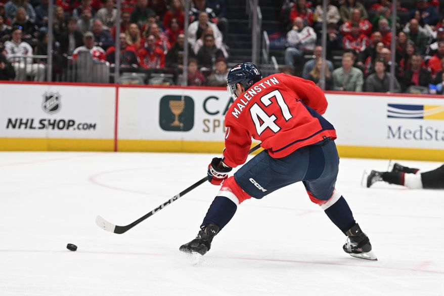 Washington Capitals left wing Beck Malenstyn (47) skating with the puck towards the goal during the second period of an NHL game against the Arizona Coyotes at Capital One Arena in Washington D.C., March 3, 2024. (Photo by Billy Sabatini)