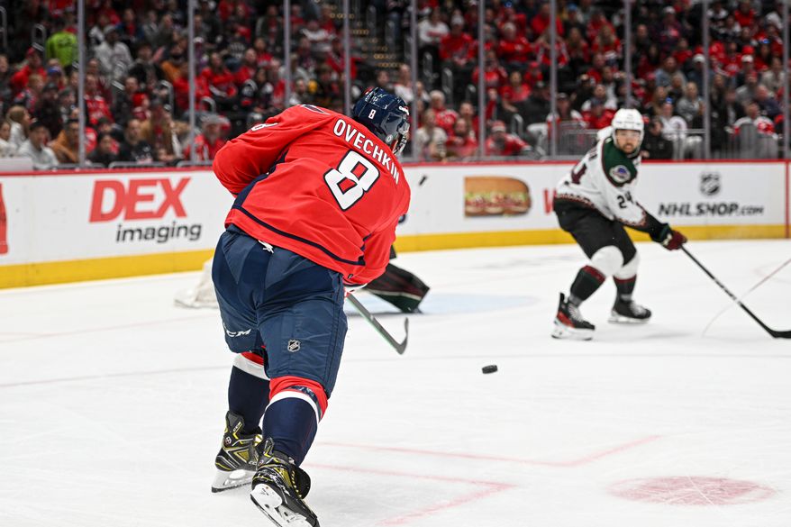 Washington Capitals left wing Alex Ovechkin (8) taking a shot during the second period of an NHL game against the Arizona Coyotes at Capital One Arena in Washington D.C., March 3, 2024. (Photo by Billy Sabatini)