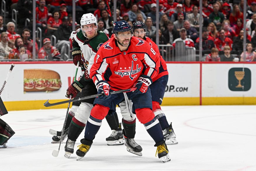 Washington Capitals left wing Alex Ovechkin (8) in front of the net looking for a deflection during the second period of an NHL game against the Arizona Coyotes at Capital One Arena in Washington D.C., March 3, 2024. (Photo by Billy Sabatini)