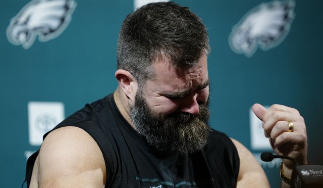 Philadelphia Eagles&#x27; Jason Kelce reacts during an NFL football press conference announcing his retirement in Philadelphia, Monday, March 4, 2024. (AP Photo/Matt Rourke)