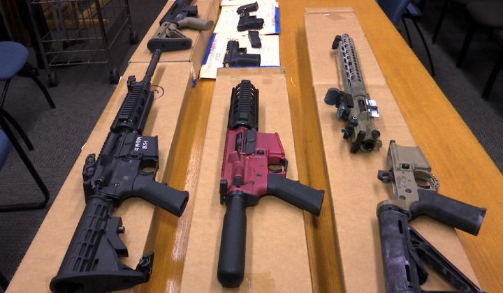 &quot;Ghost guns&quot; are displayed at the headquarters of the San Francisco Police Department in San Francisco, on Nov. 27, 2019. A federal judge on Wednesday, March 6, 2024, permanently banned a Florida gun retailer from shipping gun parts to New York that officials say can be used to assemble untraceable ghost guns and sold without background checks. (AP Photo/Haven Daley, File)